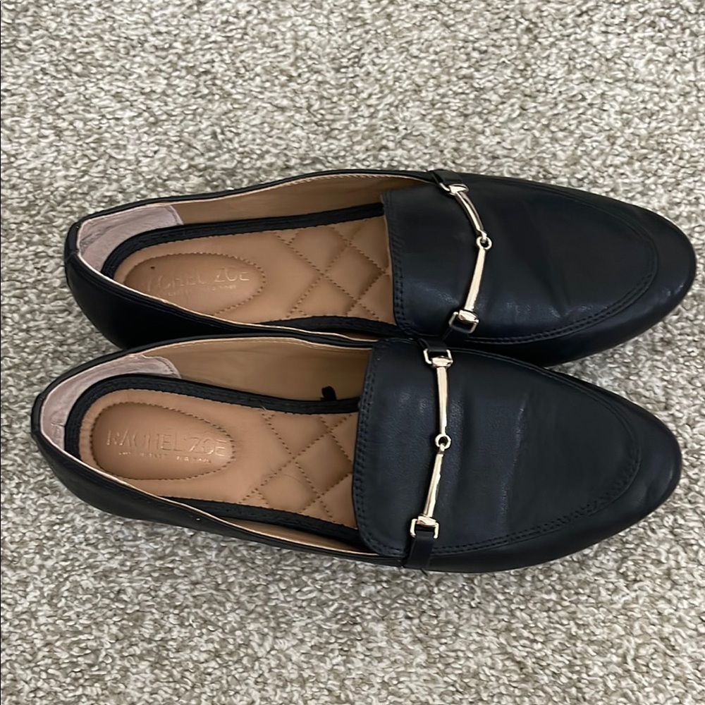 Rachel Zoe Black Leather Loafers with Gold Horsebit Detail